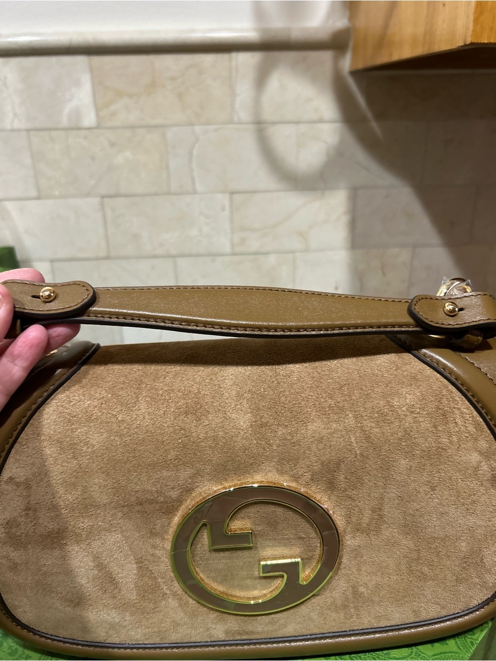 Gucci Olive/Tan Suede Shoulder Bag with Gold Double-G Hardware